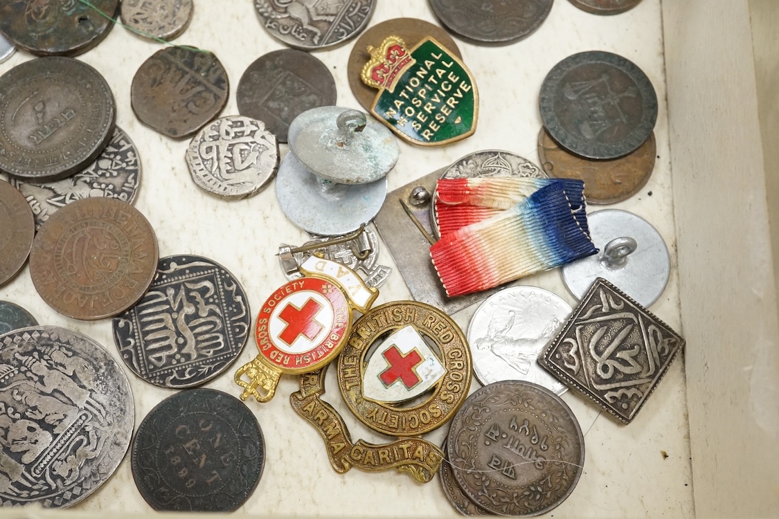 A First World War medal trio to Crl. J.E. Shelton R.E., together with a WWII 1939 to 1945 star, a British Red Cross long service medal, plus a few mainly Far Eastern and Indian coins, etc.